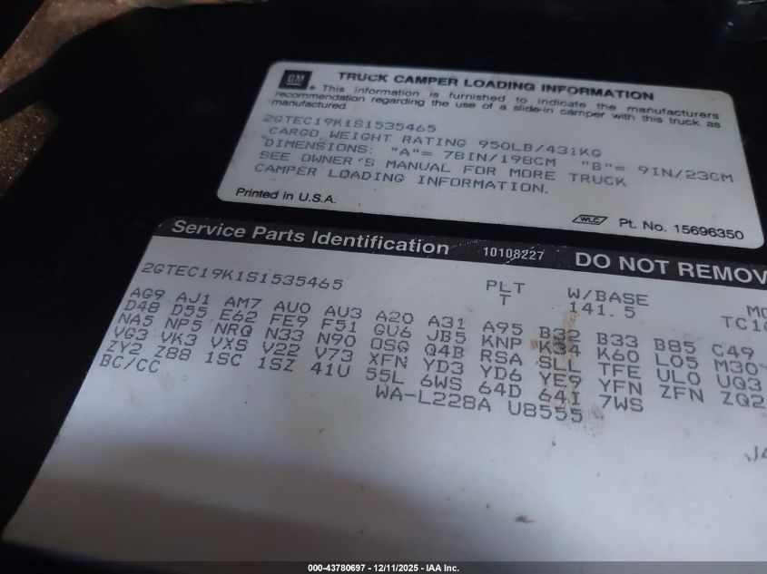 1995 GMC Sierra C1500 VIN: 2GTEC19K1S1535465 Lot: 43780697