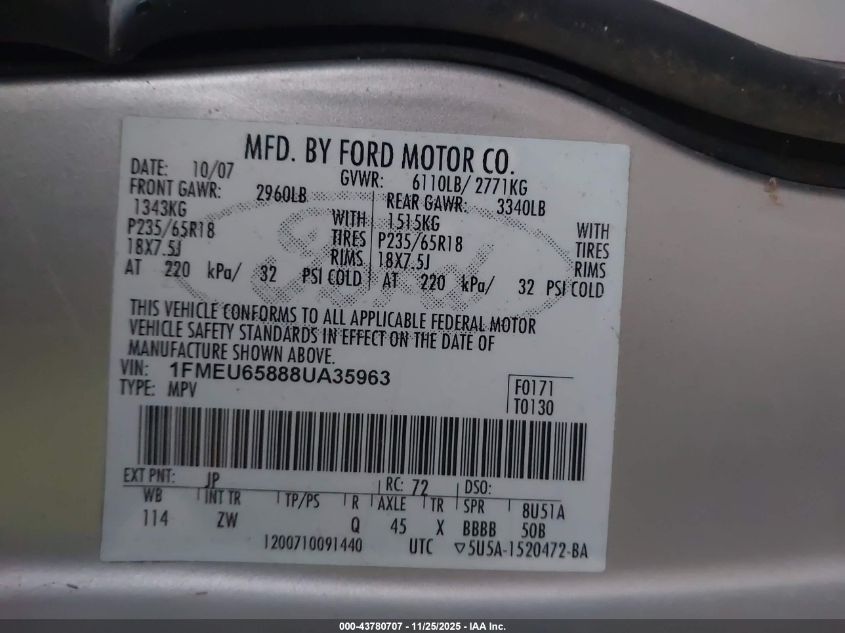 2008 Ford Explorer Limited VIN: 1FMEU65888UA35963 Lot: 43780707