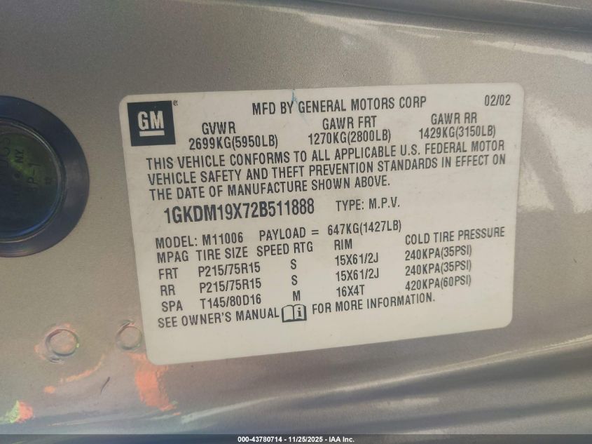 2002 GMC Safari Sle VIN: 1GKDM19X72B511888 Lot: 43780714