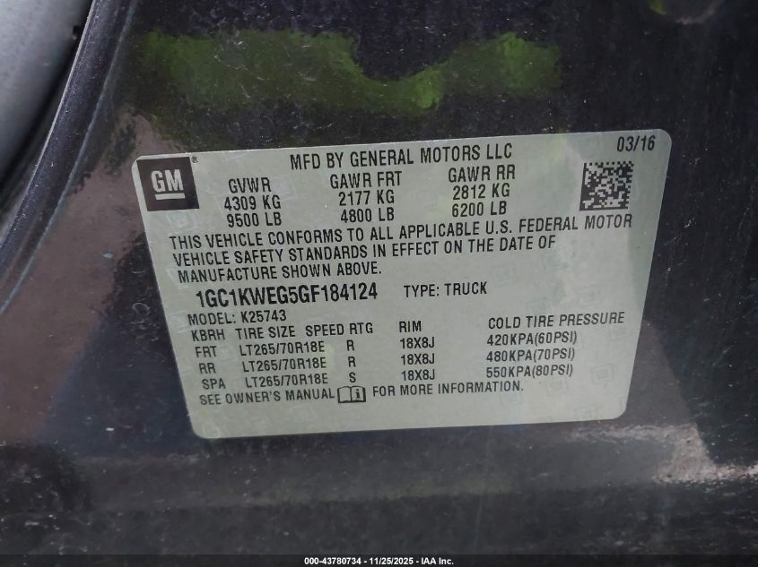 2016 Chevrolet Silverado 2500Hd Ltz VIN: 1GC1KWEG5GF184124 Lot: 43780734