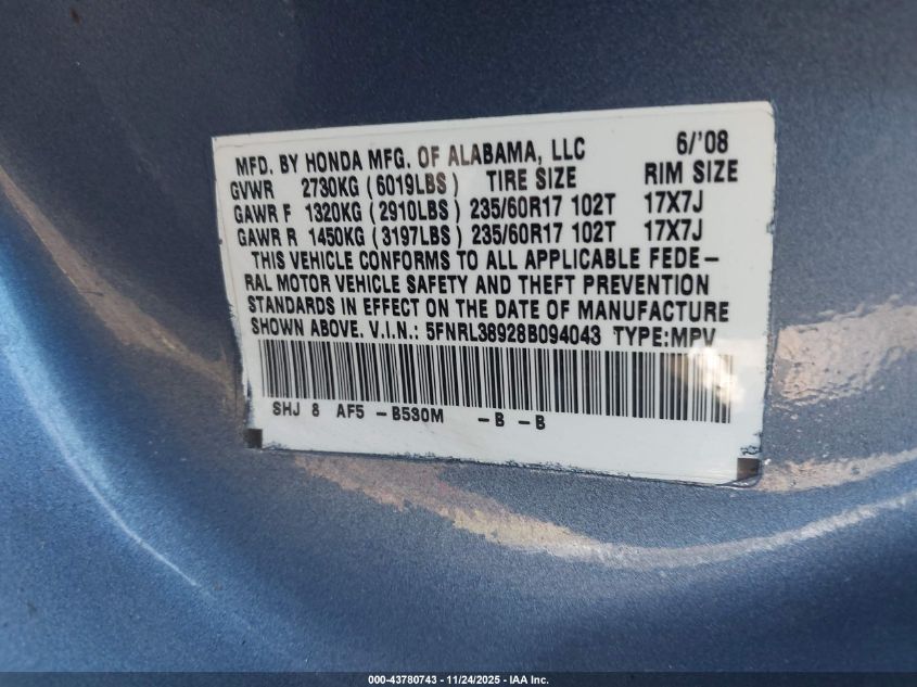 2008 Honda Odyssey Touring VIN: 5FNRL38928B094043 Lot: 43780743