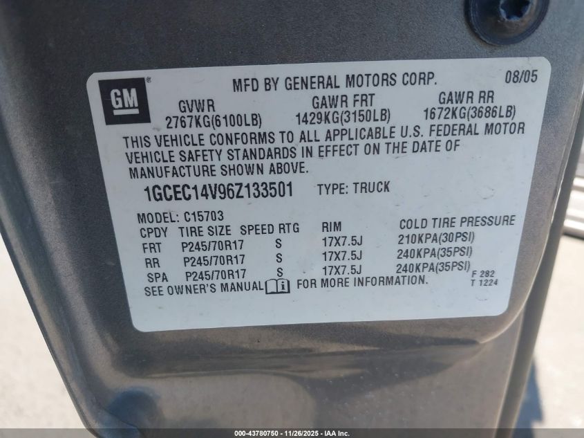 2006 Chevrolet Silverado 1500 Ls VIN: 1GCEC14V96Z133501 Lot: 43780750