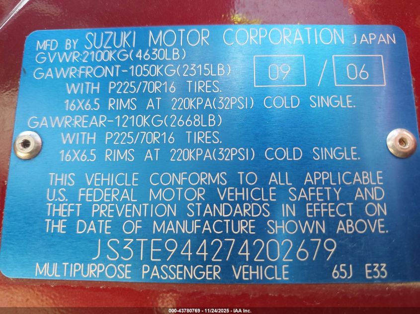 2007 Suzuki Grand Vitara Xsport VIN: JS3TE944274202679 Lot: 43780769