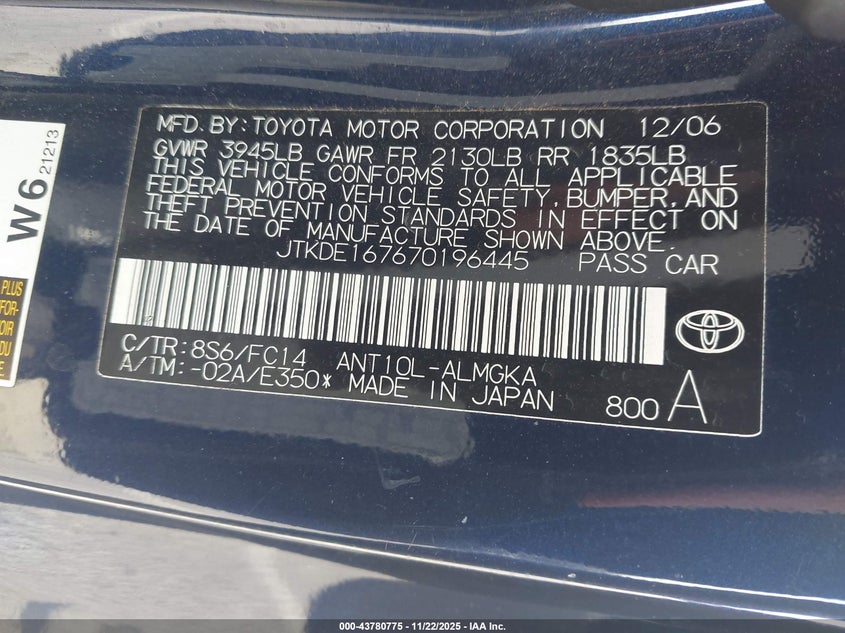 2007 Scion Tc VIN: JTKDE167670196445 Lot: 43780775