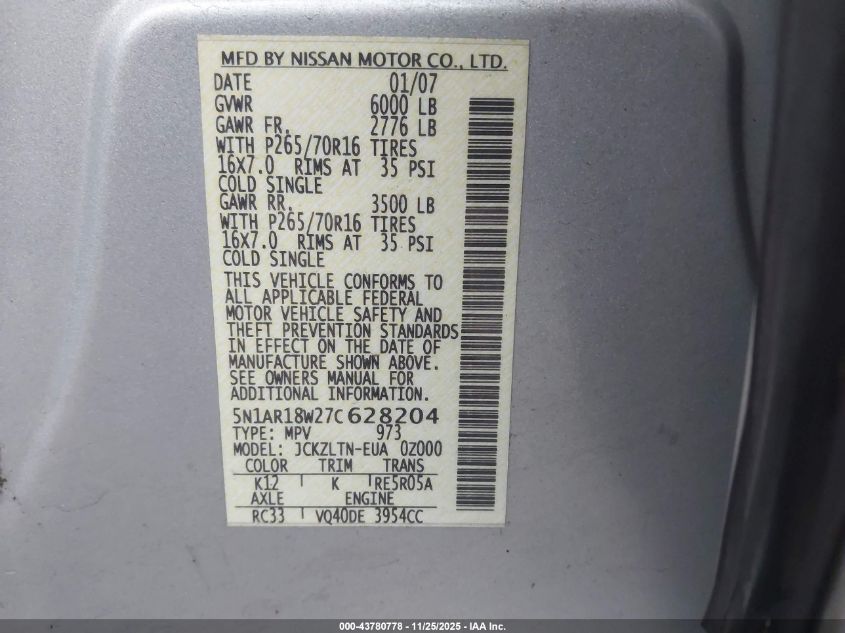 2007 Nissan Pathfinder Se VIN: 5N1AR18W27C628204 Lot: 43780778