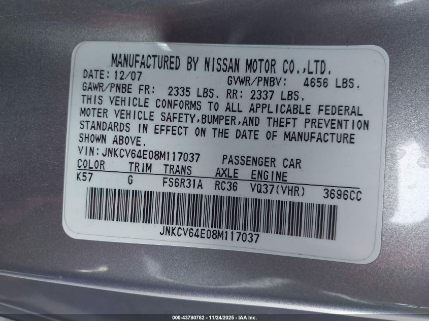 2008 Infiniti G37 Sport VIN: JNKCV64E08M117037 Lot: 43780782