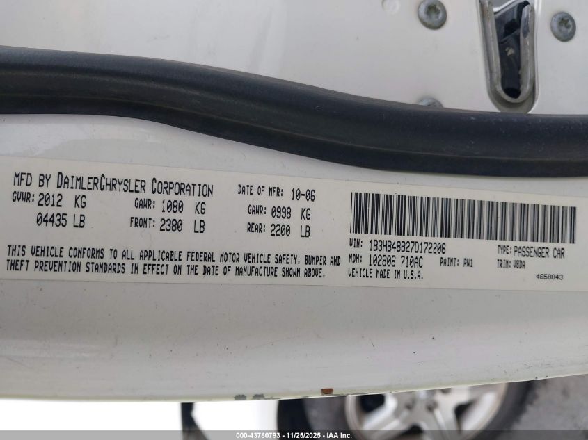 2007 Dodge Caliber Sxt VIN: 1B3HB48B27D172206 Lot: 43780793