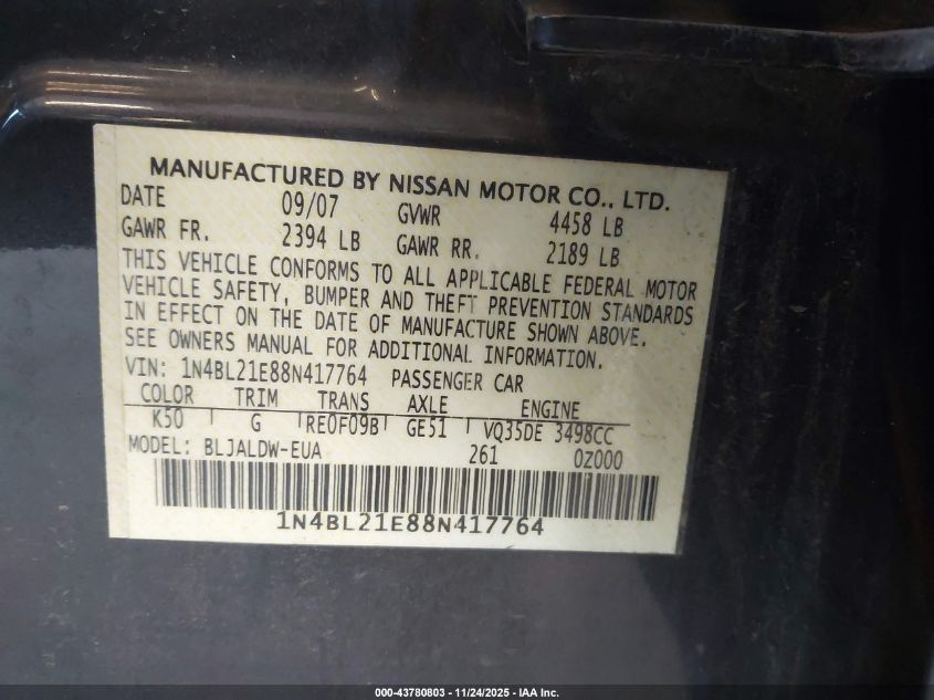 2008 Nissan Altima 3.5 Se VIN: 1N4BL21E88N417764 Lot: 43780803