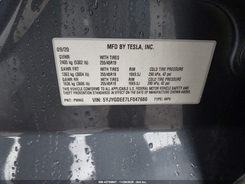 2020 Tesla Model Y Long Range Dual Motor All-Wheel Drive VIN: 5YJYGDEE7LF047686 Lot: 43780807