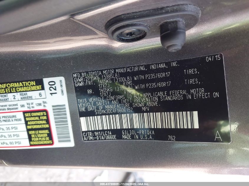 2015 Toyota Sienna Xle 8 Passenger VIN: 5TDYK3DC4FS606152 Lot: 43780809