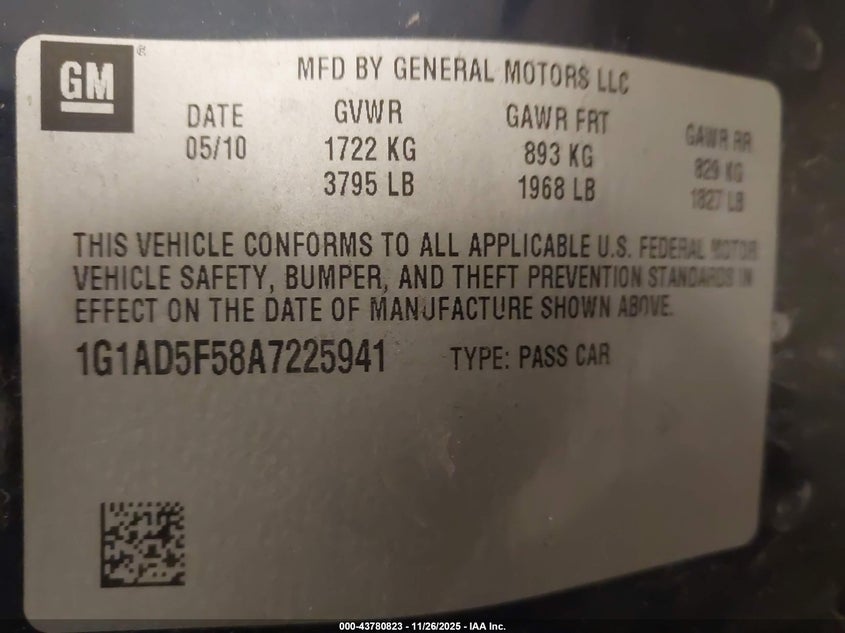 2010 Chevrolet Cobalt Lt VIN: 1G1AD5F58A7225941 Lot: 43780823