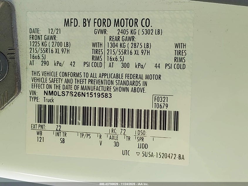 2022 Ford Transit Connect Xl VIN: NM0LS7S26N1519583 Lot: 43780829