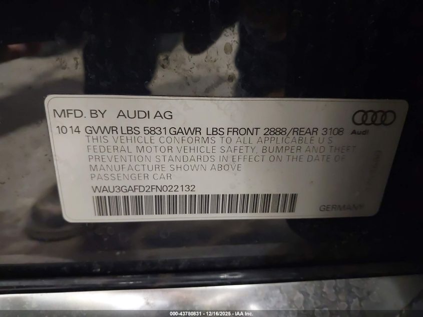 2015 Audi A8 L 3.0T VIN: WAU3GAFD2FN022132 Lot: 43780831