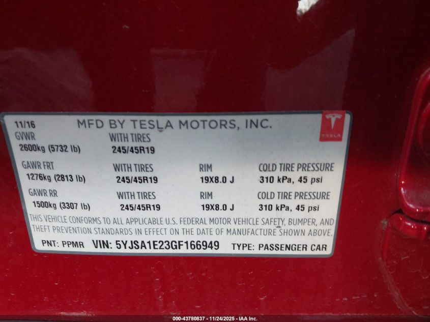 2016 Tesla Model S 60D/70D/75D/85D/90D VIN: 5YJSA1E23GF166949 Lot: 43780837