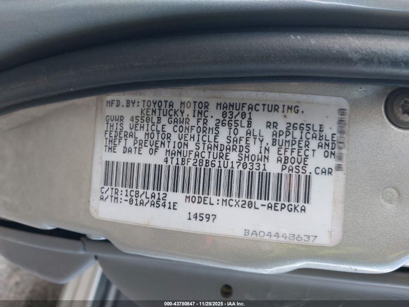 2001 Toyota Avalon Xls VIN: 4T1BF28B61U170331 Lot: 43780847