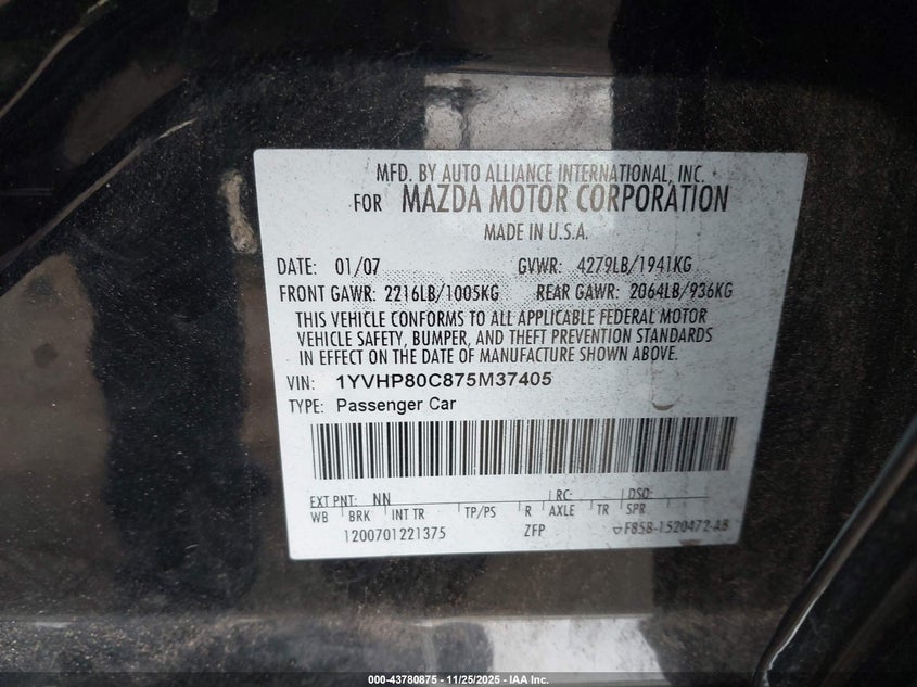 2007 Mazda Mazda6 I Sport Ve VIN: 1YVHP80C875M37405 Lot: 43780875