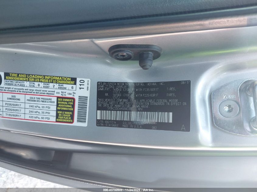 2017 Toyota Sienna Le 8 Passenger VIN: 5TDKZ3DC4HS886286 Lot: 43780909