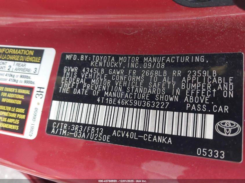 2009 Toyota Camry Le VIN: 4T1BE46K59U363227 Lot: 43780959