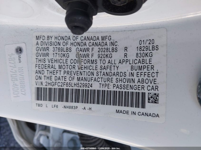 2020 Honda Civic Lx VIN: 2HGFC2F65LH529924 Lot: 43780964