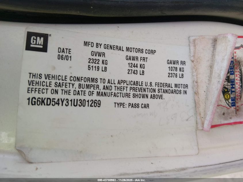 2001 Cadillac Deville Standard VIN: 1G6KD54Y31U301269 Lot: 43780963