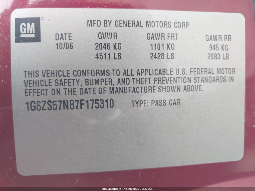 2007 Saturn Aura Xe VIN: 1G8ZS57N87F123456 Lot: 43780971