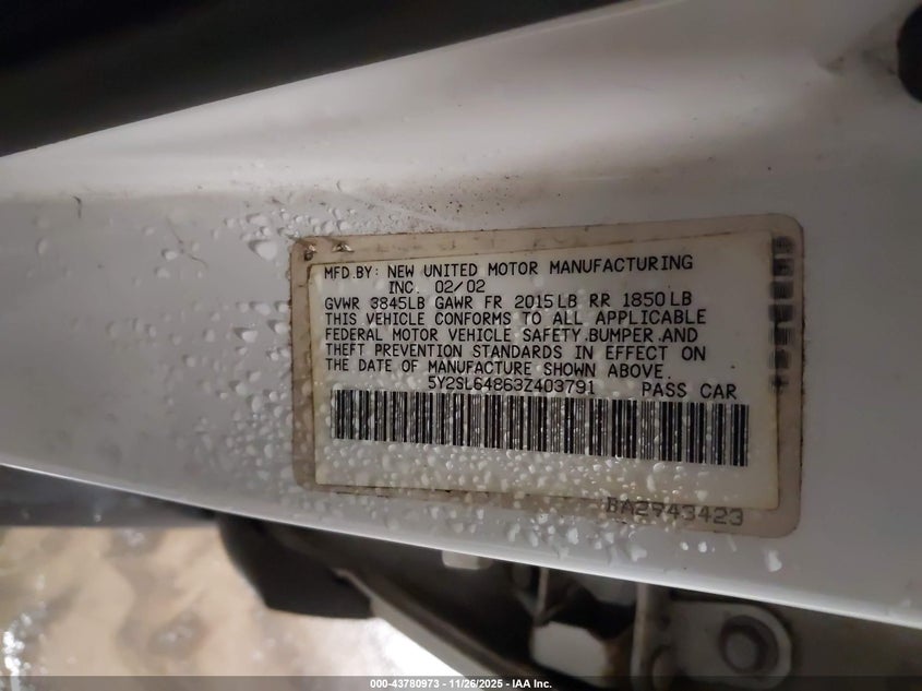 2003 Pontiac Vibe VIN: 5Y2SL64863Z403791 Lot: 43780973