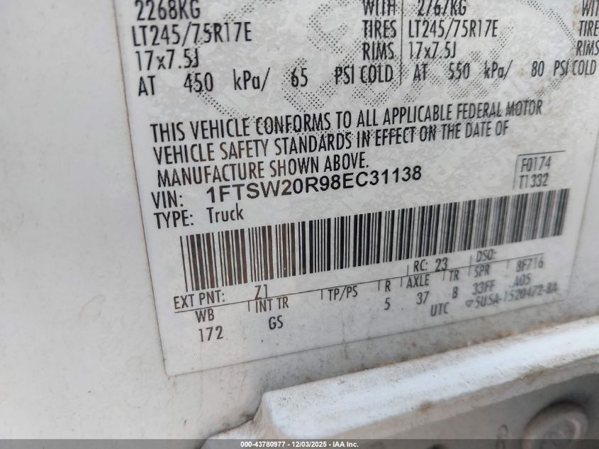 2008 Ford F-250 King Ranch/Lariat/Xl/Xlt VIN: 1FTSW20R98EC31138 Lot: 43780977
