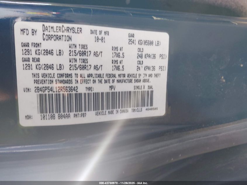 2002 Dodge Grand Caravan Es VIN: 2B4GP54L12R563642 Lot: 43780978