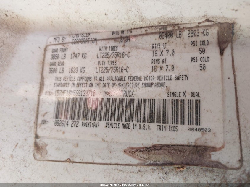 1995 Dodge Ram 1500 VIN: 1B7HF16Y5SS130710 Lot: 43780987