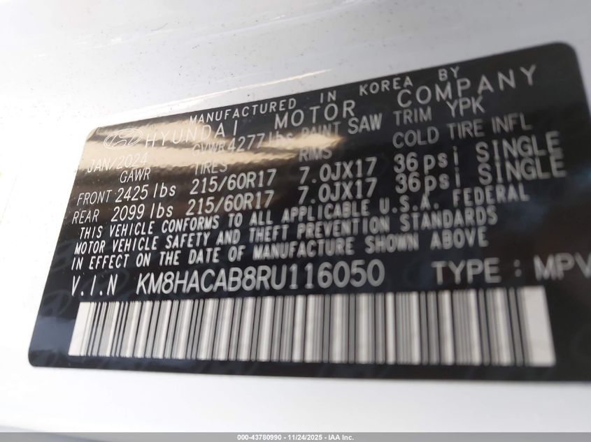 2024 Hyundai Kona Se VIN: KM8HACAB8RU116050 Lot: 43780990