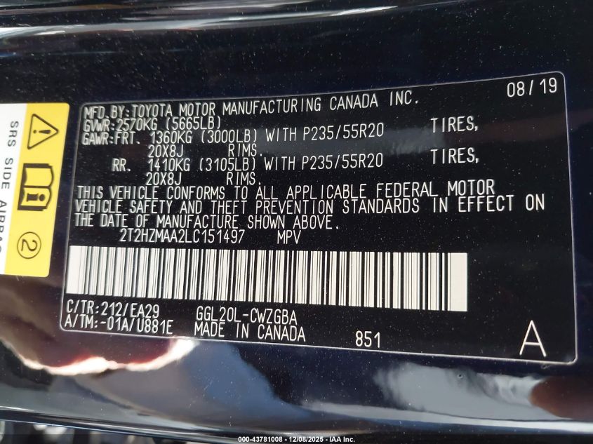 2020 Lexus Rx 350 VIN: 2T2HZMAA2LC151497 Lot: 43781008