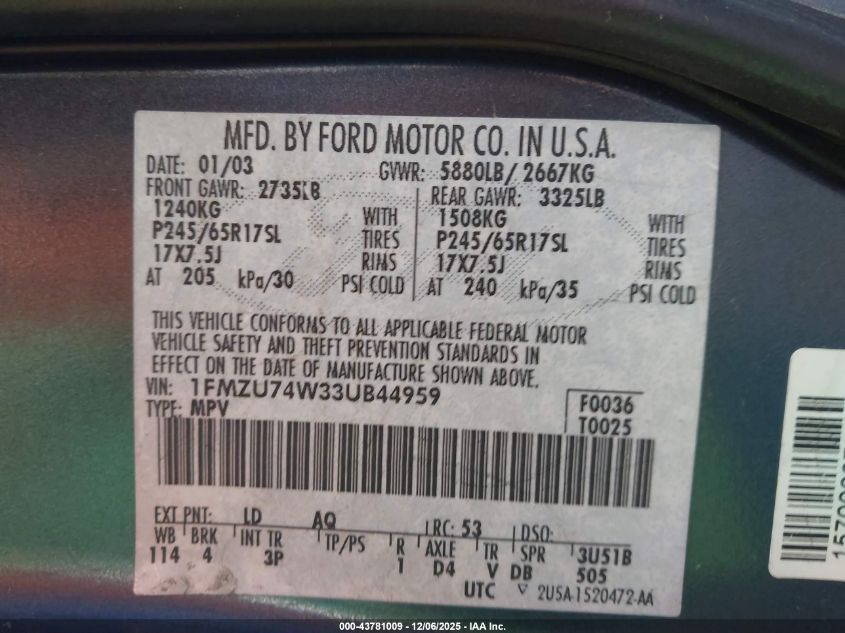 2003 Ford Explorer Eddie Bauer VIN: 1FMZU74W33UB44959 Lot: 43781009