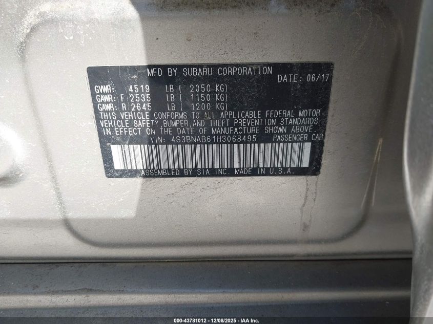 2017 Subaru Legacy 2.5I VIN: 4S3BNAB61H3068495 Lot: 43781012