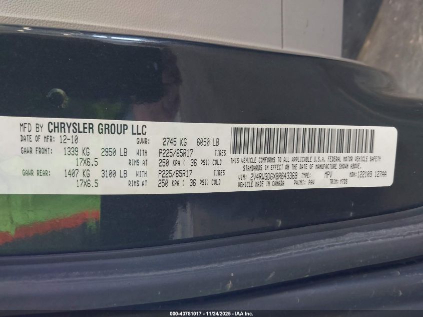 2011 Volkswagen Routan Se VIN: 2V4RW3DGXBR643369 Lot: 43781017