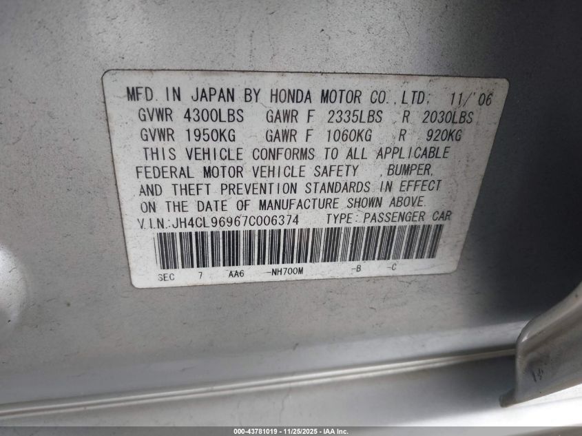 2007 Acura Tsx VIN: JH4CL96967C006374 Lot: 43781019