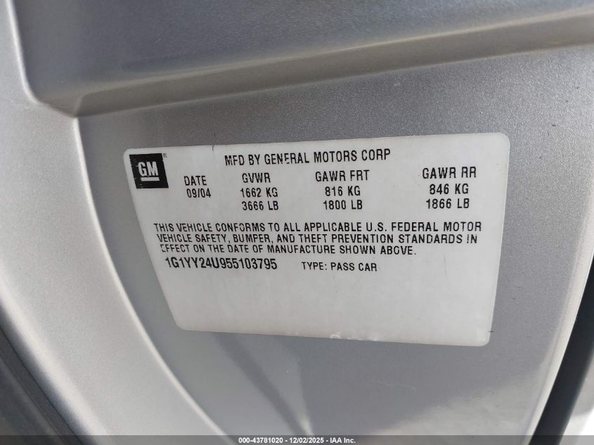 2005 Chevrolet Corvette VIN: 1G1YY24U955103795 Lot: 43781020