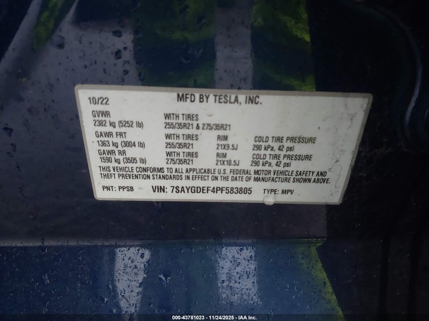 2023 Tesla Model Y Performance Dual Motor All-Wheel Drive VIN: 7SAYGDEF4PF583805 Lot: 43781023