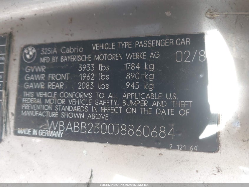 1988 BMW 325 I Automatic VIN: WBABB2300J8860684 Lot: 43781027
