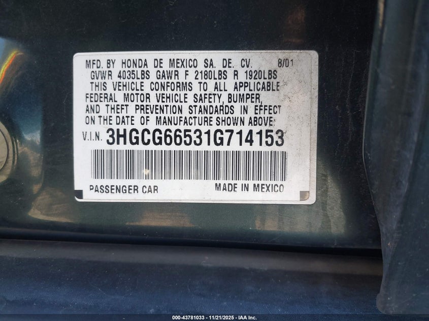 2001 Honda Accord 2.3 Lx VIN: 3HGCG66531G714153 Lot: 43781033