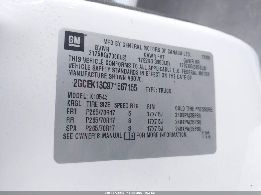 2007 Chevrolet Silverado 1500 Lt1 VIN: 2GCEK13C971567155 Lot: 43781040