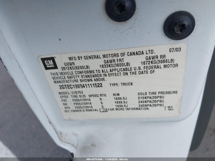 2004 GMC Sierra 1500 Sle VIN: 2GTEC19V841111522 Lot: 43781048