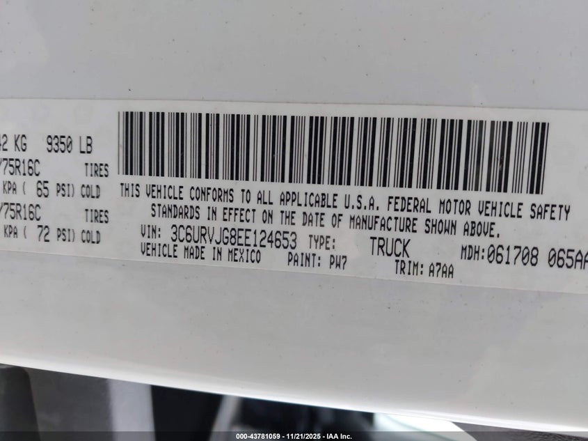2014 Ram Promaster 3500 High Roof VIN: 3C6URVJG8EE124653 Lot: 43781059
