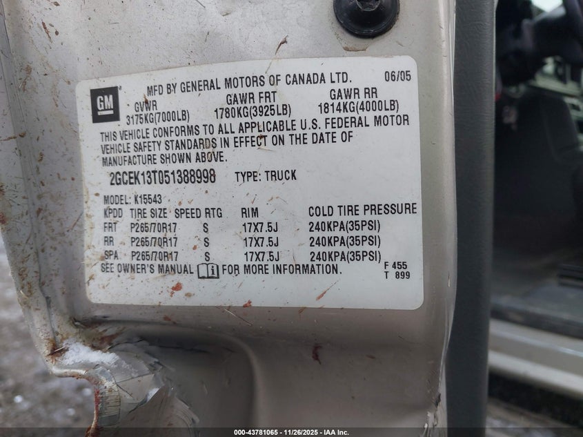 2005 Chevrolet Silverado 1500 Lt VIN: 2GCEK13T051388998 Lot: 43781065