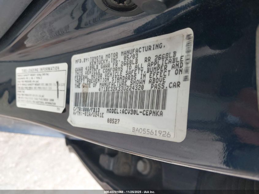 2003 Toyota Camry Le VIN: 4T1BE32K33U224320 Lot: 43781068