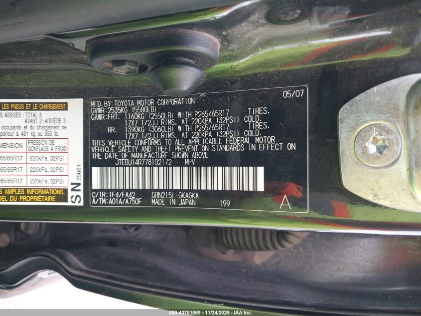 2007 Toyota 4Runner Sr5 V6 VIN: JTEBU14R778102172 Lot: 43781069