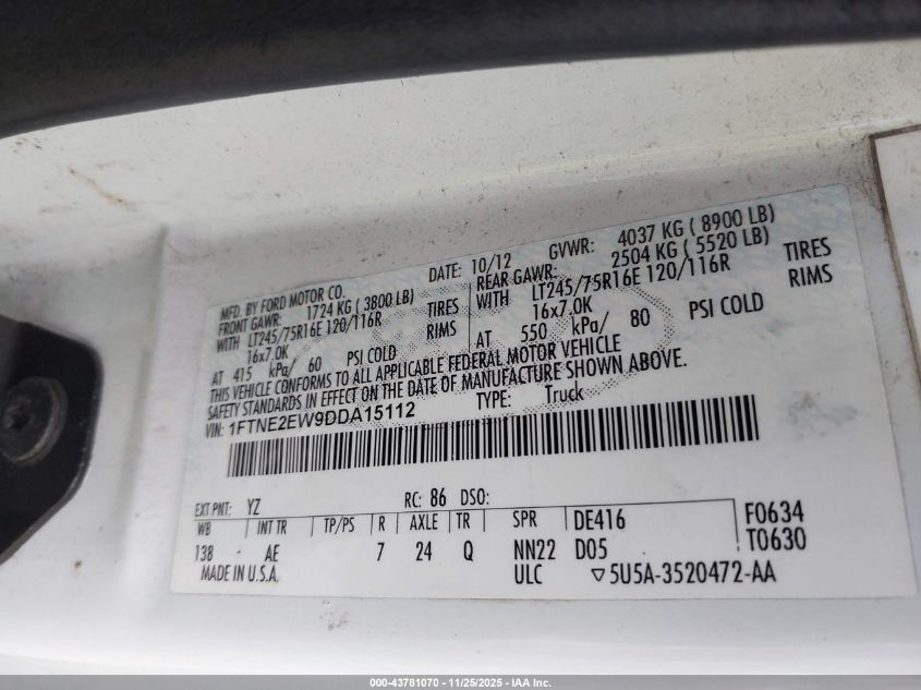 2013 Ford E-250 Commercial VIN: 1FTNE2EW9DDA15112 Lot: 43781070