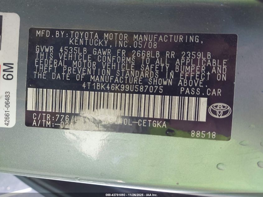 2009 Toyota Camry Xle V6 VIN: 4T1BK46K99U587075 Lot: 43781093