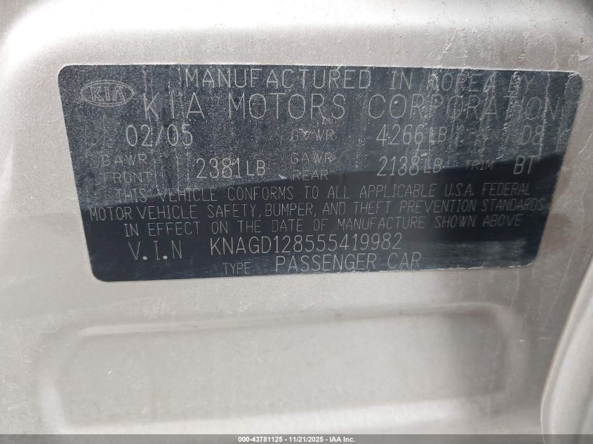 KNAGD128555419982 2005 KIA OPTIMA photo no. 9