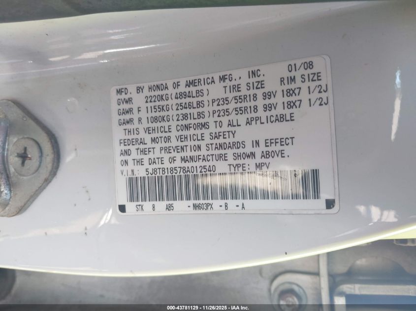 2008 Acura Rdx VIN: 5J8TB18578A012540 Lot: 43781129