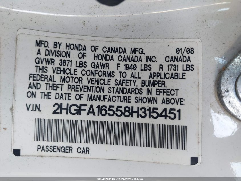 2008 Honda Civic Lx VIN: 2HGFA16558H315451 Lot: 43781146